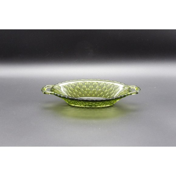 Vintage Indiana Glass Avocado Green Honeycomb Oval 2 Handled Relish Dish Bowl Tr - Picture 10 of 10